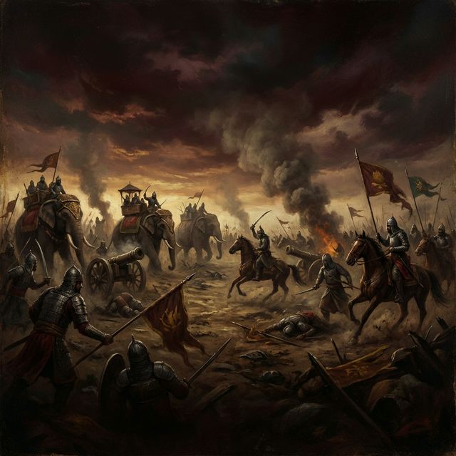 Dark atmospheric depiction of the First Battle of Panipat 1526 — medieval Indian and Afghan soldiers clashing on a dusty battlefield with war elephants, cannon smoke, and dramatic burgundy sky