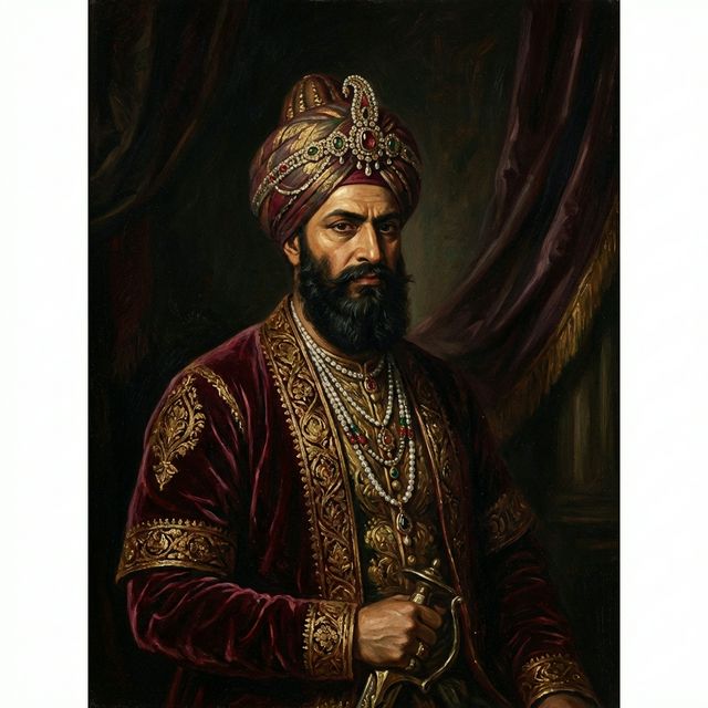 Portrait illustration of Ibrahim Lodi, the last Sultan of Delhi — wearing royal Afghan attire with turban and jewels, stern authoritarian expression, dark background with burgundy tones